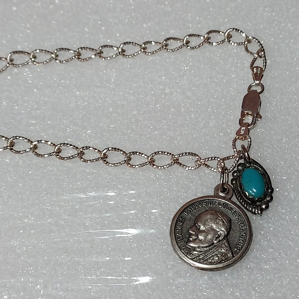 Sterling Silver Pope John Paul II Charm Bracelet 8" Turquoise .925 Italy